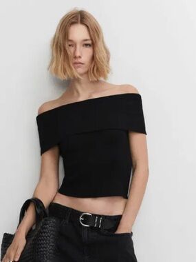 Mango Cable Knit Short Sleeve Off-Shoulder Top in Black – Size XS